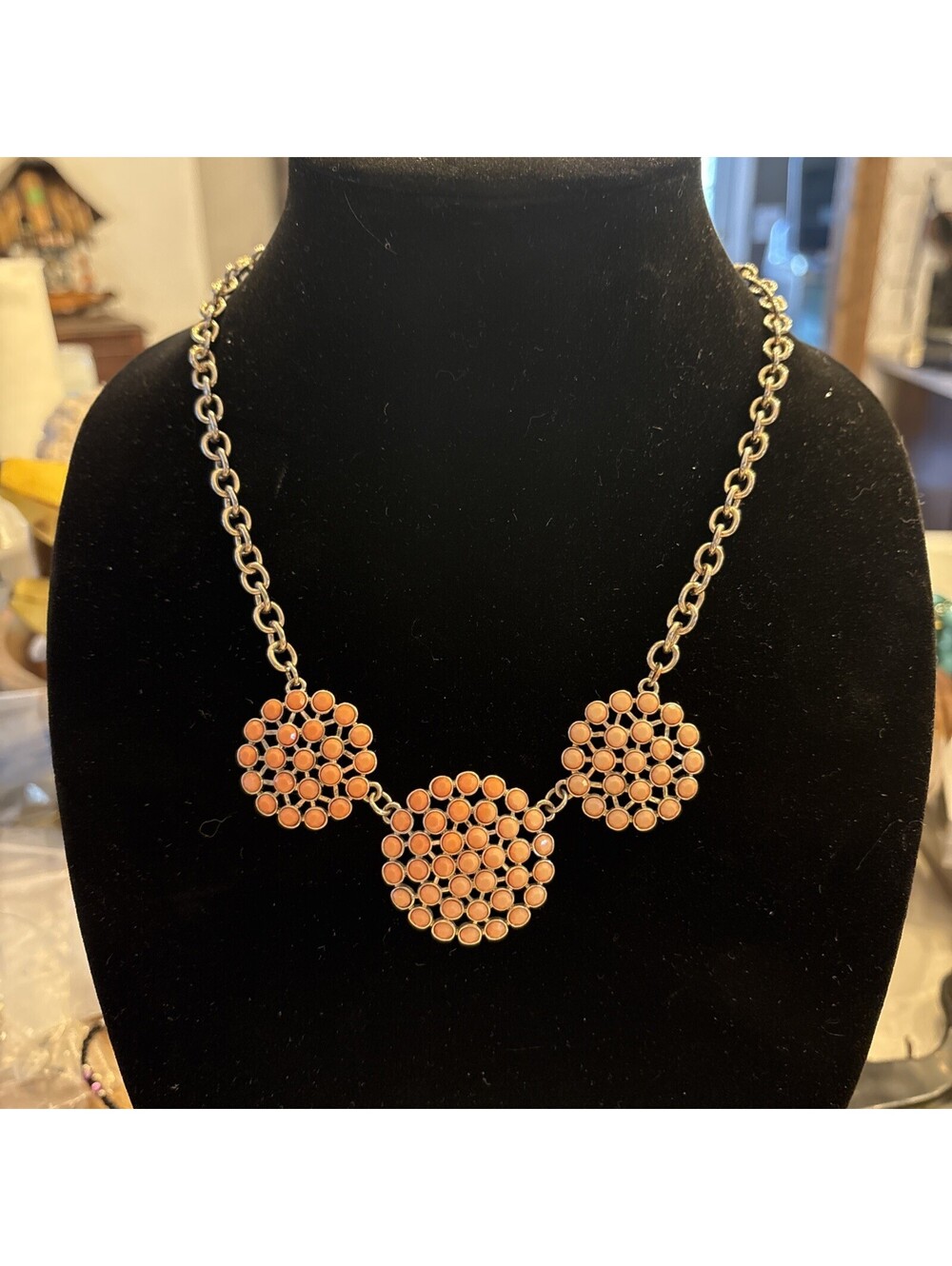 Banana Republic BR Ombré Coral Medallion Statement Bib Necklace Gold Tone